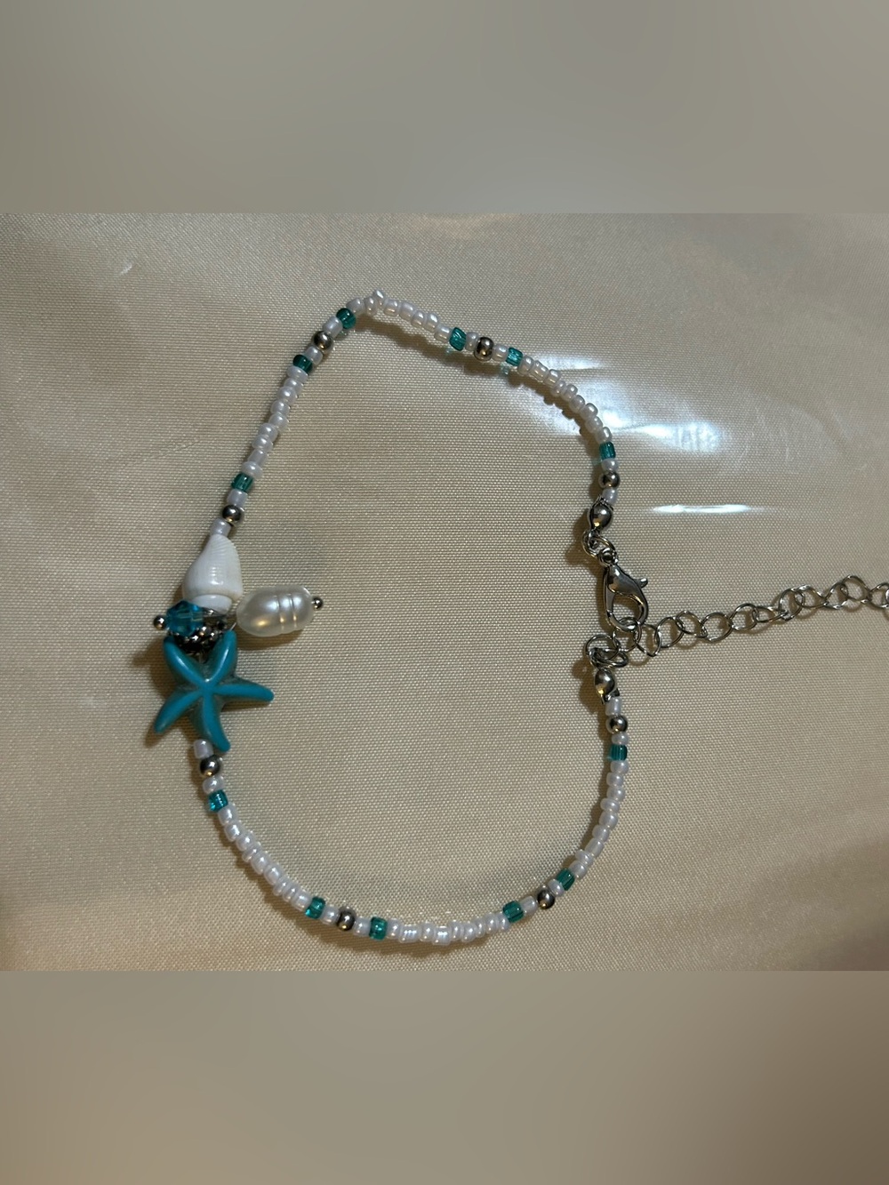 Handcrafted White and Teal Beaded Shell Anklet/bracelet with Starfish Charm